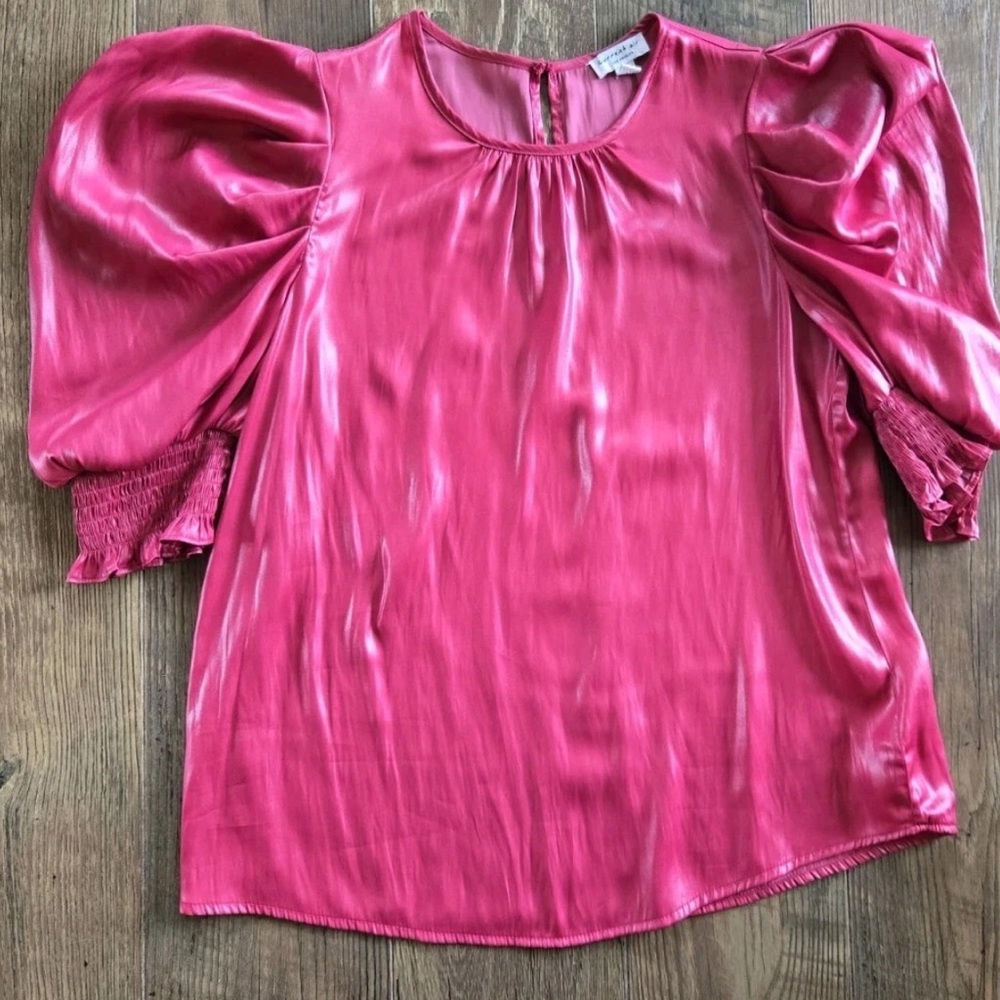 Current Air Fuchsia Gloss Blouse Small
Faux Leather Pink Smocked Sleeve